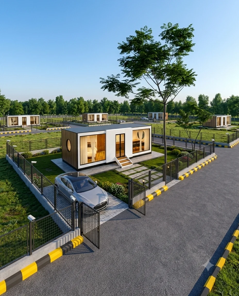 Illustration of landscaped farmhouse plots with portable cabins at Kadthal