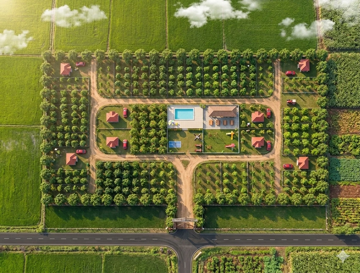 Illustration of green orchard farmhouse layout at Narayankhed